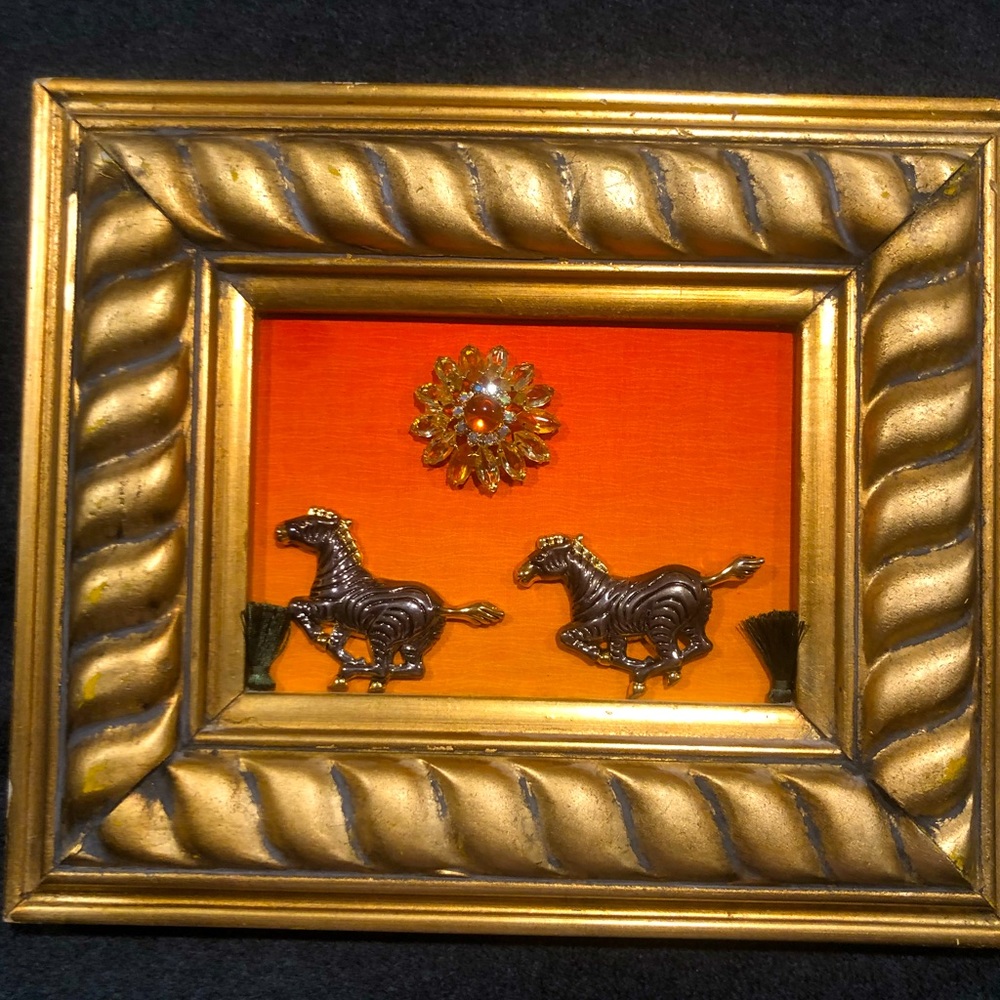 FRAMED JEWELRY ART COLLAGE “AFRICAN PLAINS “ SUNSET OMBRÉ COLORS UNIQUE HANDMADE